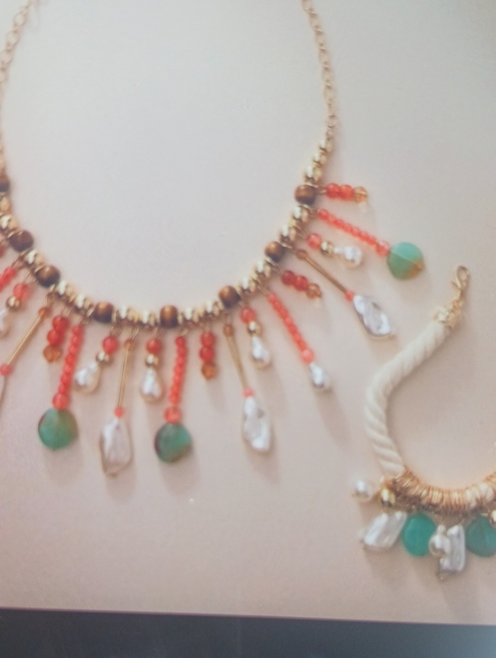 Gold-Tone Coral & Turquoise Fringe Necklace by